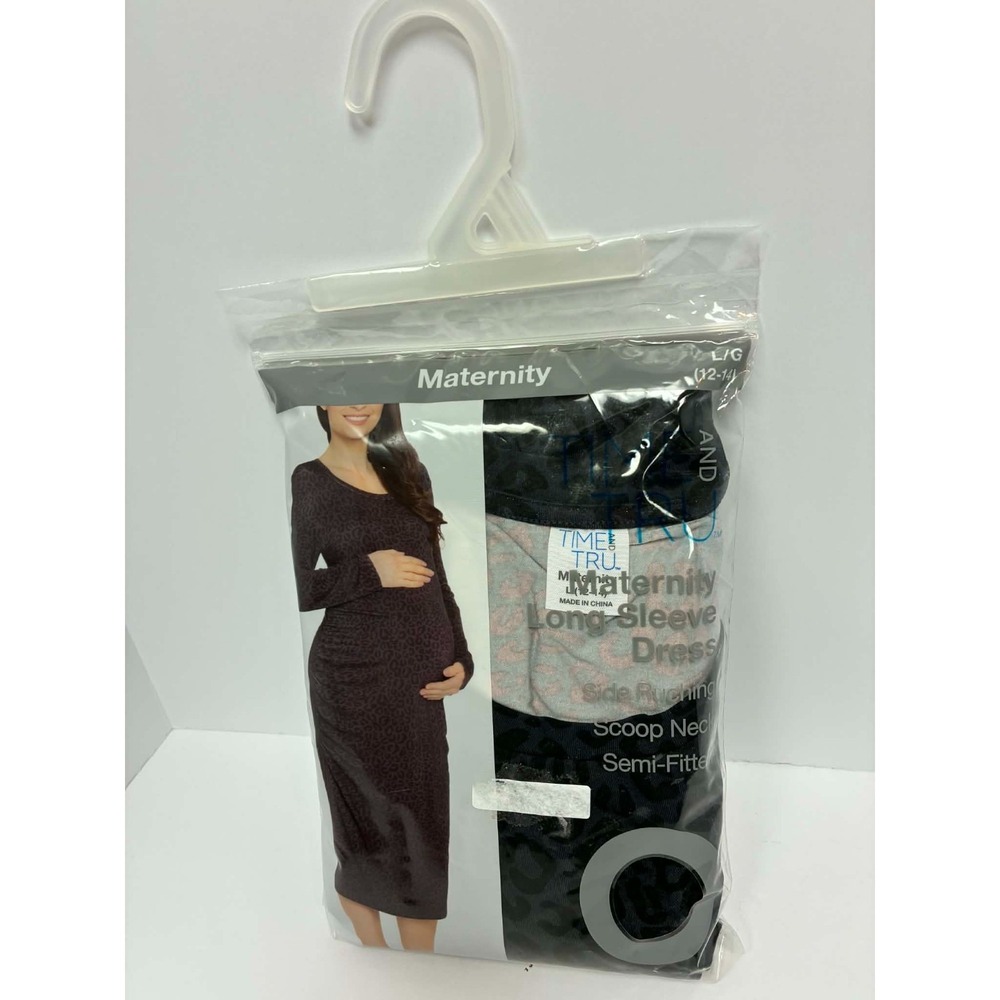 Time & Tru Maternity Long Sleeve Dress L/G 12-14 Leopard Print Scoop Neck Ruched
